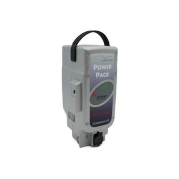 Driekwartaanzicht van de Panasonic Deluxe 36V 17Ah Compatible waar de oplaadpoort zichtbaar is.