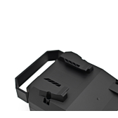 Close-up foto van het handvat van de Bosch Powerpack 360 Performance/Active bagagedrager E-Bike Vision fietsaccu.