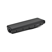 Schuin zijaanzicht van de Bosch Powerpack 700 Performance/Active bagagedrager E-Bike Vision. De zijkant van de accu met de batterijindicator is goed te zien.