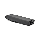 Driekwartaanzicht van de Bosch Powerpack 700 Performance/Active bagagedrager E-Bike Vision, vanaf de voorkant genomen. De fietsaansluiting en de zijkant van de accu zijn duidelijk zichtbaar.