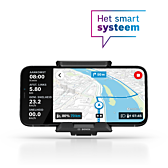 vooraanzicht van de Bosch SmartphoneGrip met telefoon. Hierop is de navigatiefunctie te zien.