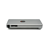 Zijaanzicht van de Sparta E-500 36V 13Ah Compatible fietsaccu gemaakt door EYXON vanuit hogere hoek. De batterijindicator en oplaadpoort zichtbaar.