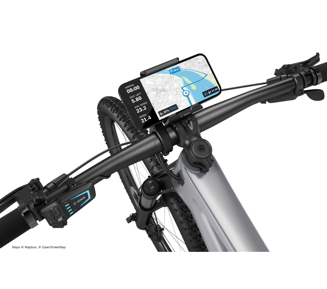 De Bosch Smartphone Grip gemonteerd op een elektrische fiets. Hierop is de navigatiefunctie te zien.
