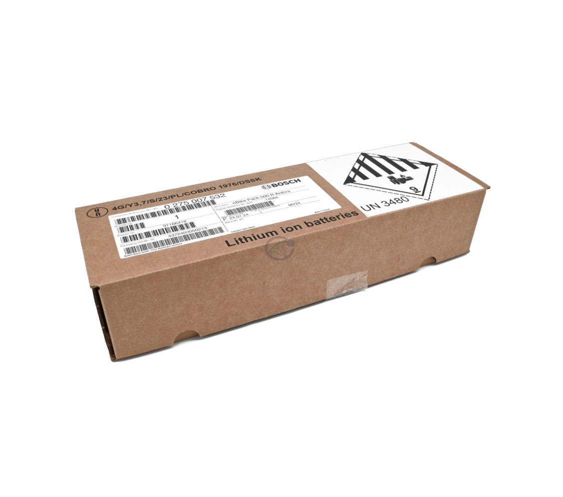 foto vanaf de zijkant van de doos van de Bosch PowerPack 500 Active 36V 13.4Ah fietsbatterij