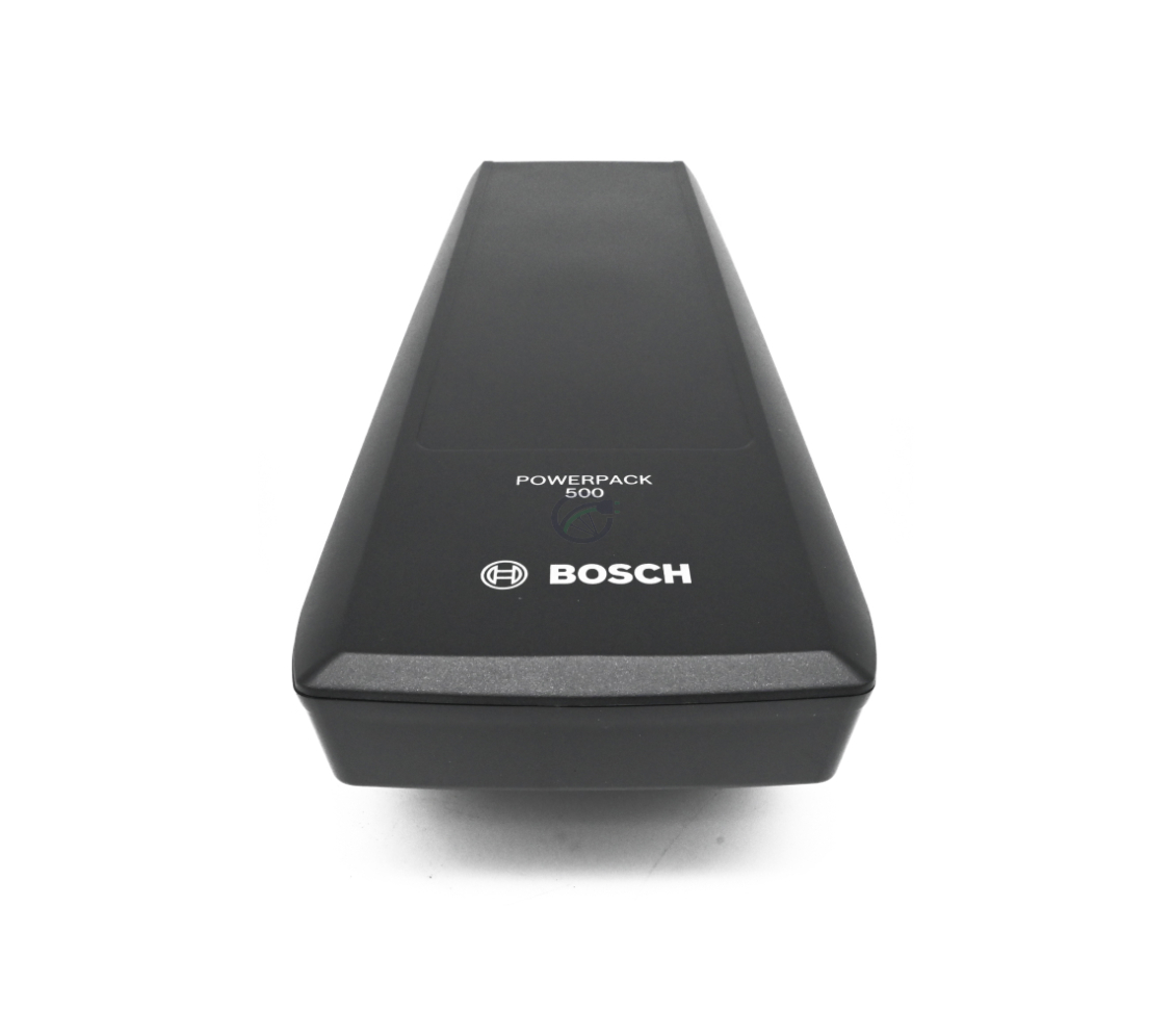 foto van de Bosch PowerPack 500 Active 36V 13.4Ah fietsbatterij vanaf boven waar het logo bosch te zien is en de naam van de accu
