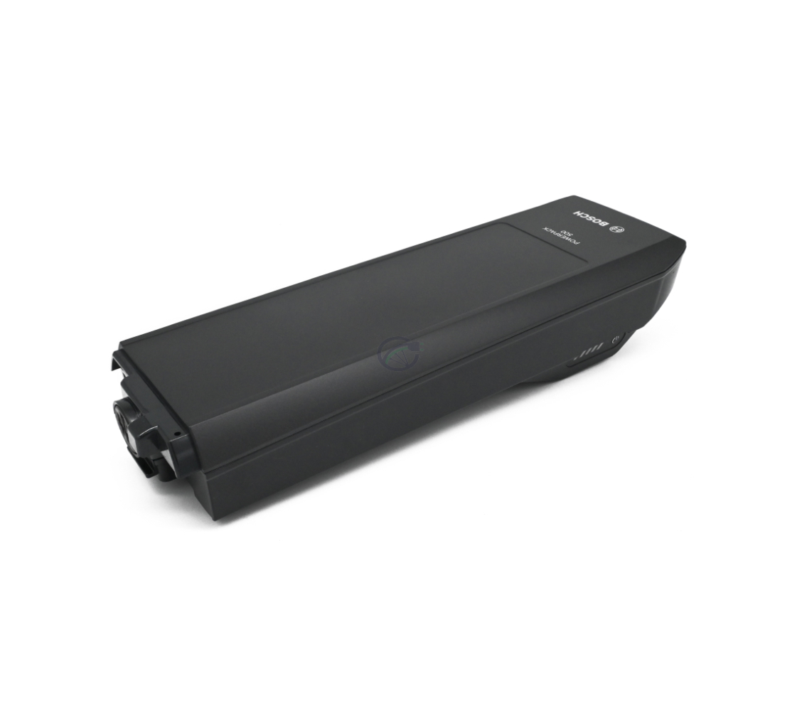 Bosch PowerPack 500 Active 36V 13.4Ah fietsbatterij vanaf de zijkant waar het logo en de plug-in te zien is