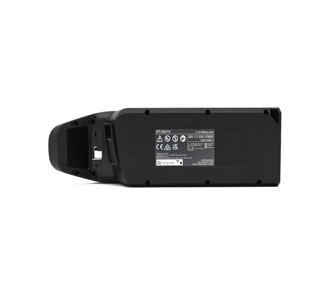 foto van de Shimano BT-E6010 36V 11.6Ah waar je alle stickers recht en leesbaar kan zien