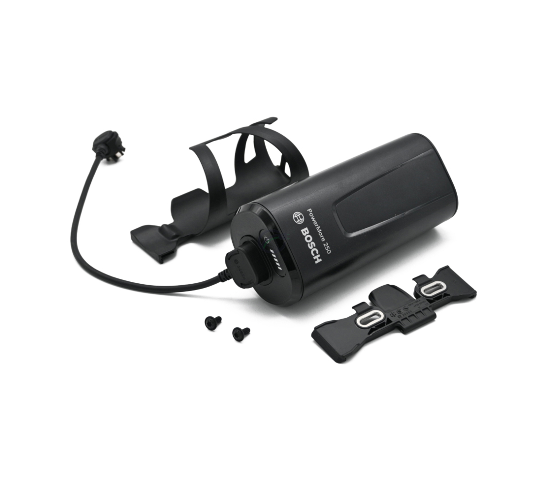 Schuine Bosch PowerMore 250 Range Extender met bevestigingssysteem en ingeplugde 300 mm kabel