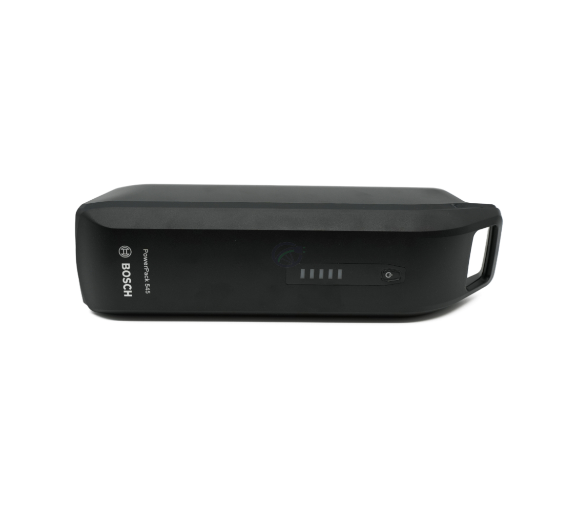 De Bosch Powerpack 545 SMART Frame fietsaccu liggend op de zijkant. De voorkant van de accu is zichtbaar.