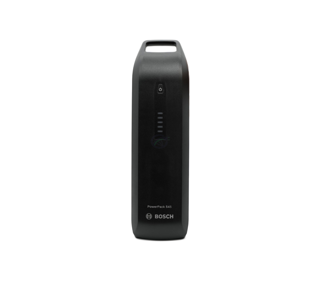 Vooraanzicht van de Bosch Powerpack 545 SMART Frame fietsaccu staand.