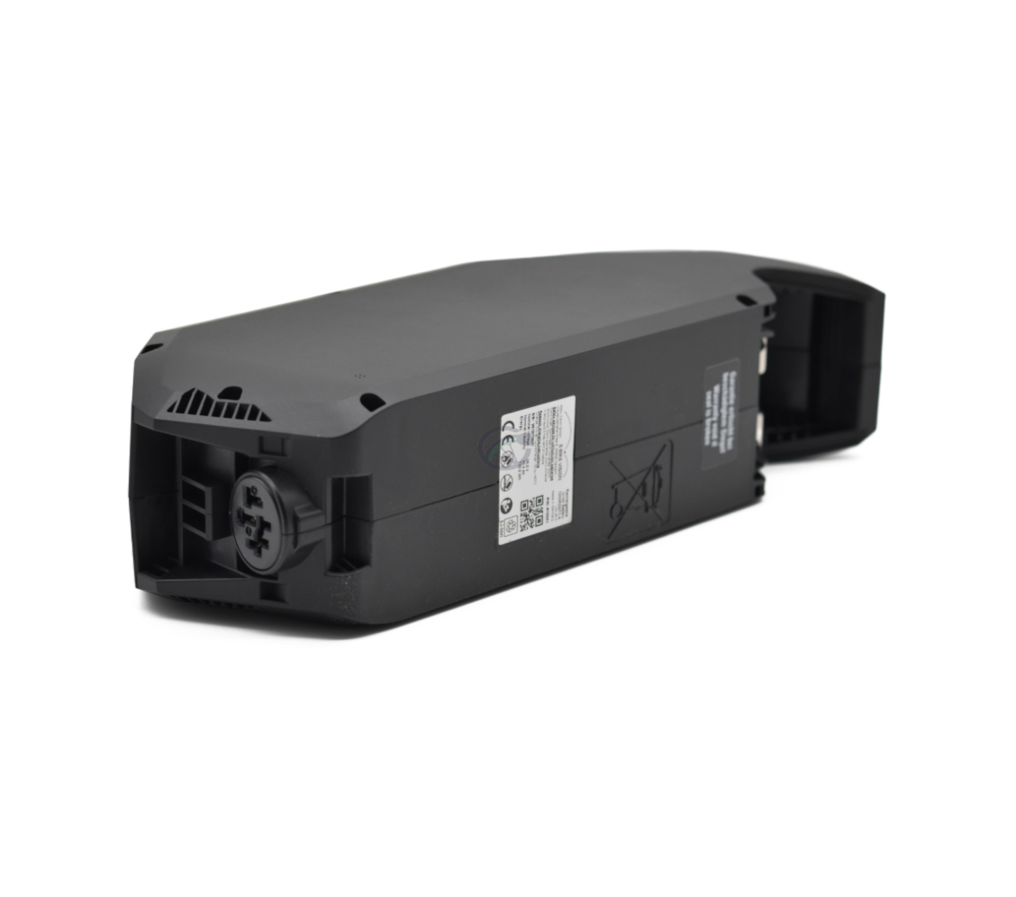 Close-up foto van de fietsaansluiting van de Bosch Powerpack 700 Active/Performance frame E-Bike Vision fietsaccu.