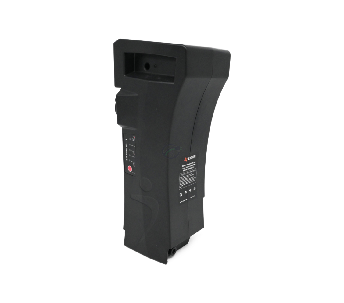 De Impulse 36V 14.5Ah Compatible accu geproduceerd door EYXON staand. De zijkant met het etiket en de bovenkant van de accu zijn zichtbaar.