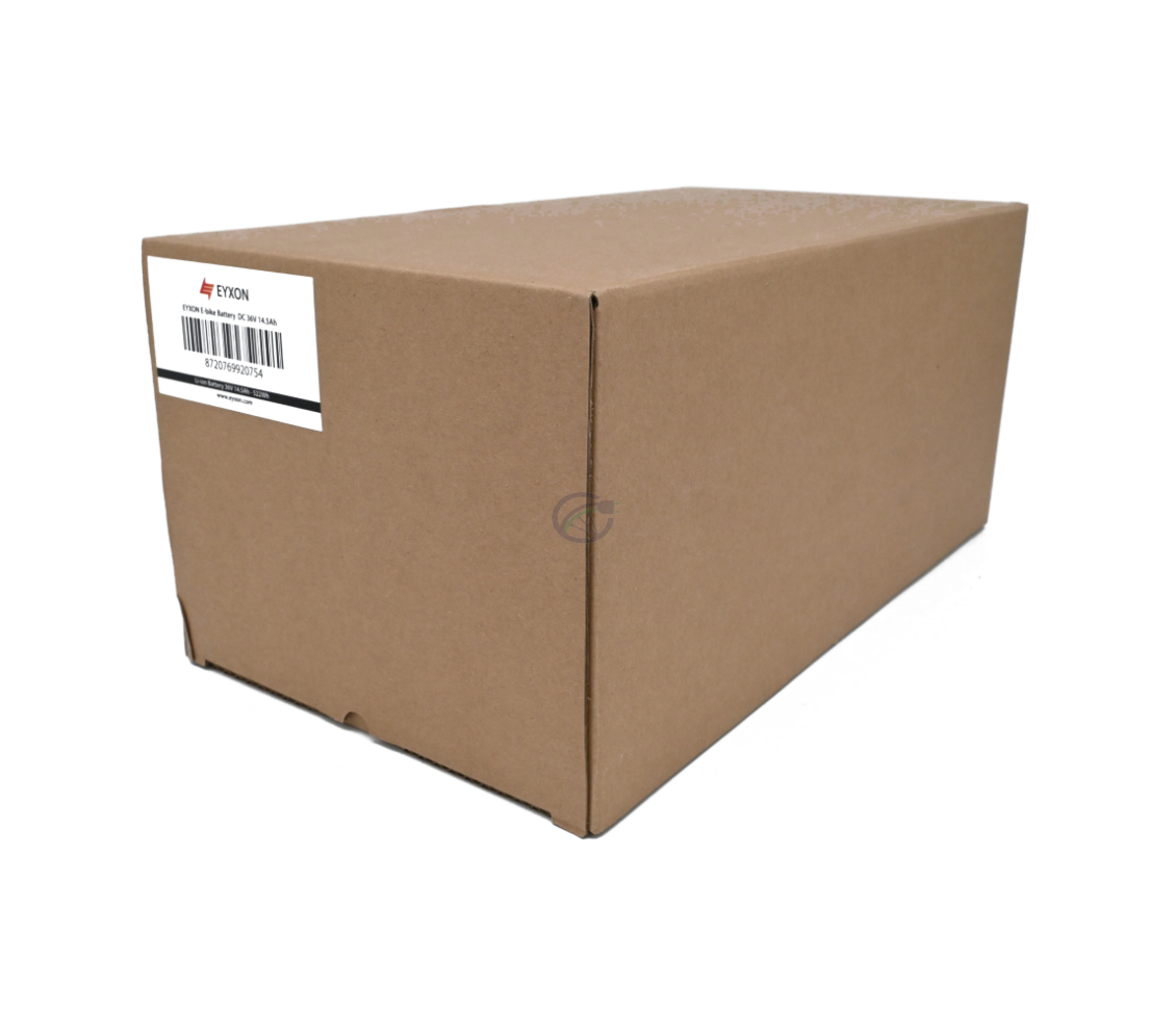 Schuin aanzicht van de volledige doos van de Impulse 36V 14.5Ah Compatible accu geproduceerd door EYXON.