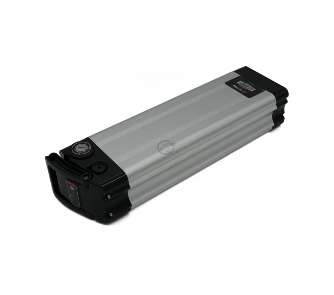 Driekwartaanzicht van de Phylion XH370-12J Silverfish 37V 12Ah Compatible waarbij de LED-indicator zichtbaar is.
