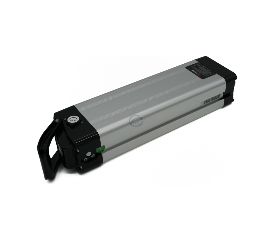Driekwartaanzicht van de Phylion XH370-12J Silverfish 37V 12Ah Compatible liggend, van veraf genomen.