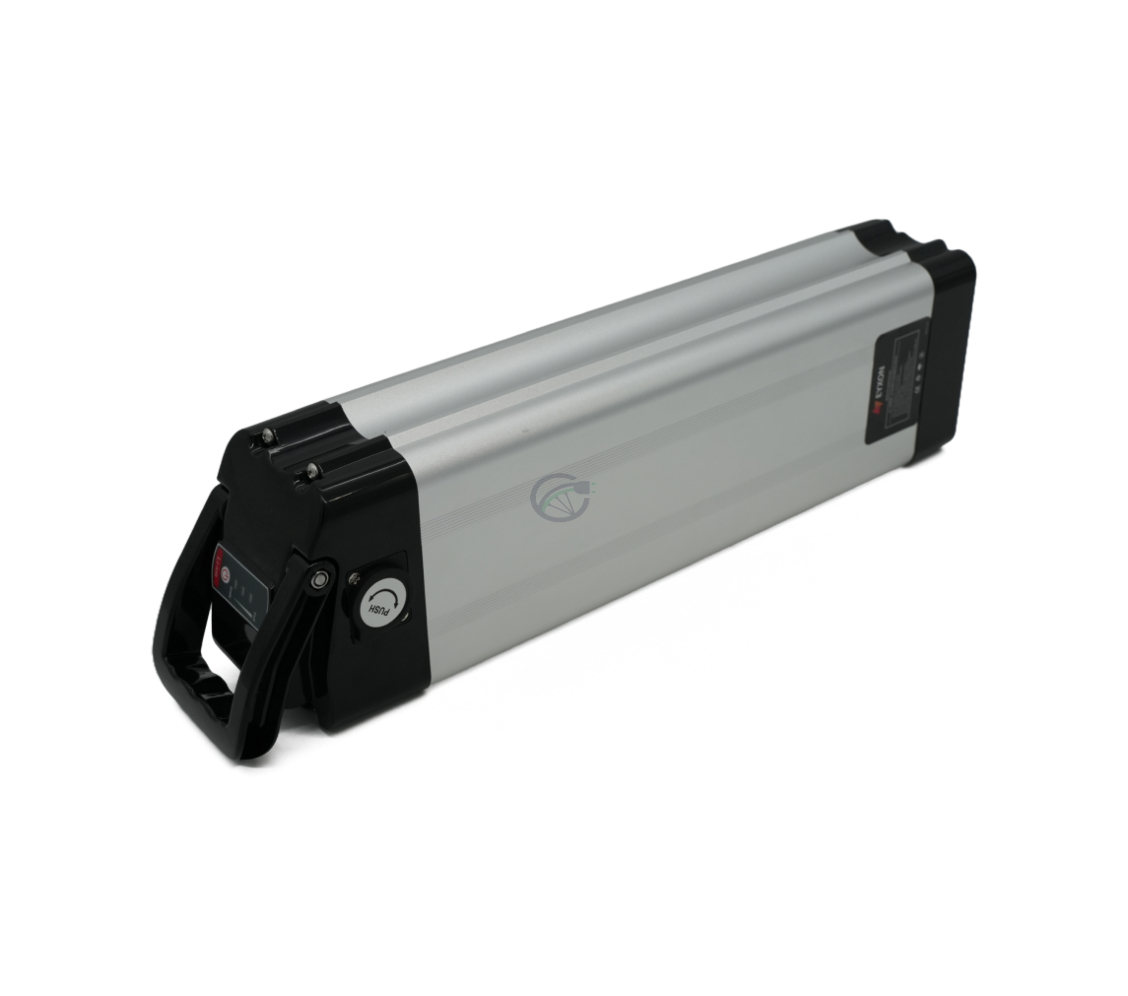 Driekwartaanzicht van de Phylion XH370-12J Silverfish 37V 12Ah Compatible in staande positie.