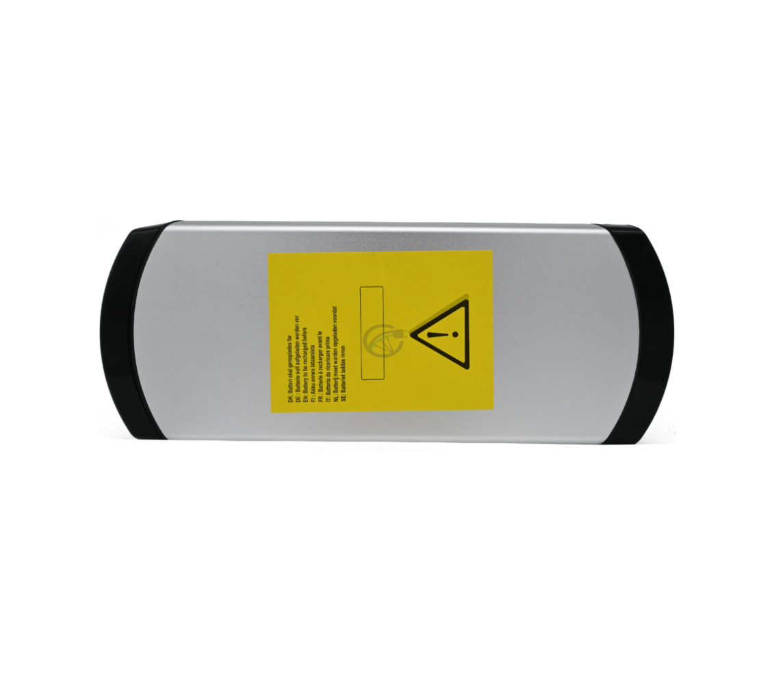 Bovenaanzicht van de Phylion XH370-13J Wall-E 37V 14Ah (2-polig). Het waarschuwingslabel aan de bovenkant van de Phylion accu is goed zichtbaar.