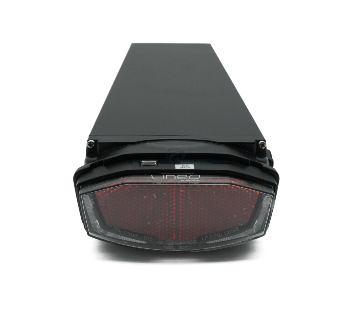 Achteraanzicht van de Promovec Carrier 6.2XL 36V 11Ah fietsaccu. Het achterlicht van de accu is zichtbaar.