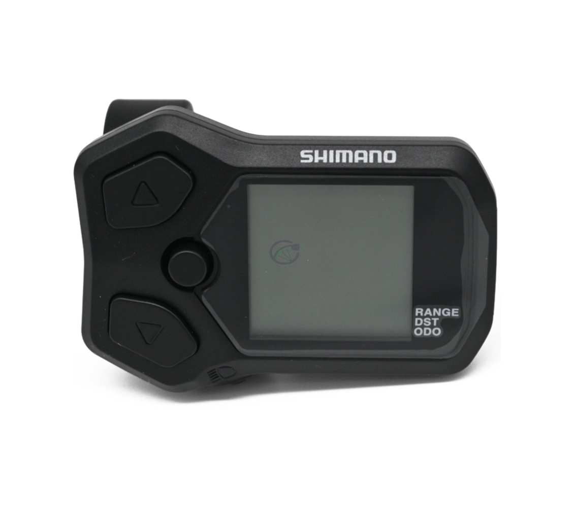 Vooraanzicht van de Shimano Steps display SC-E5000 fietscomputer. De knoppen zijn duidelijk zichtbaar