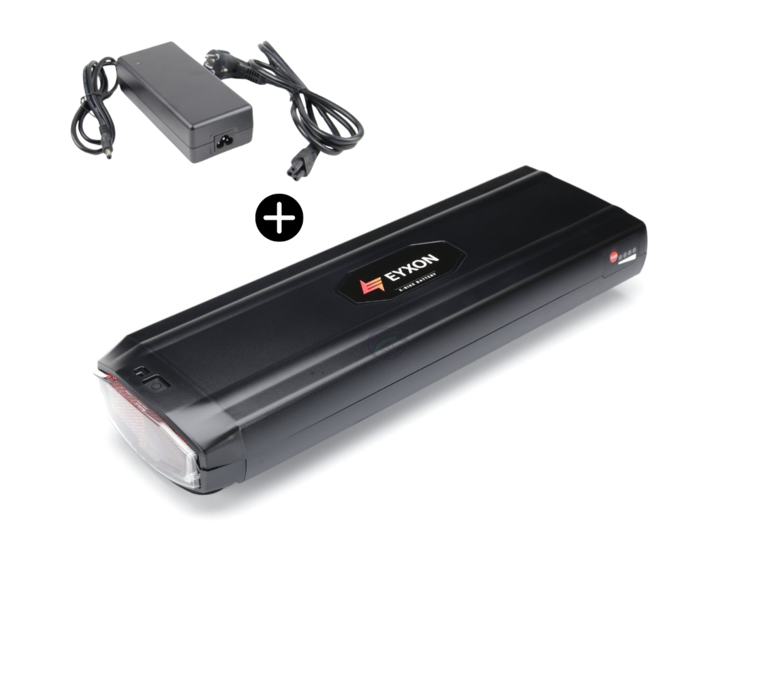 Overzichtelijke afbeelding van de Stella accu Type 2 36V 14.5Ah vervangende fietsaccu met de bijbehorende oplader