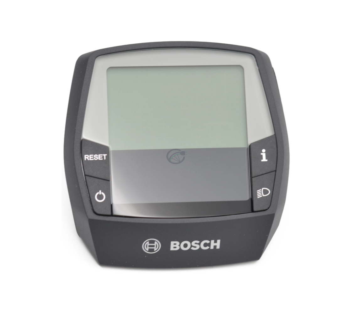 Vooraanzicht van de Bosch Intuvia fietscomputer, het scherm en de knopjes van het display zijn goed zichtbaar.