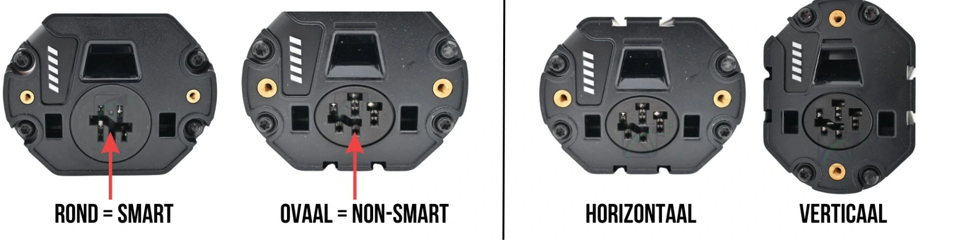 Deze afbeelding laat grafisch zien hoe een Bosch Powertube aansluiting er uit ziet als hij SMART is en als hij niet SMART is. Het toont ook grafisch hoe een Bosch Powertube er uit ziet wanneer deze horizontaal en verticaal is.