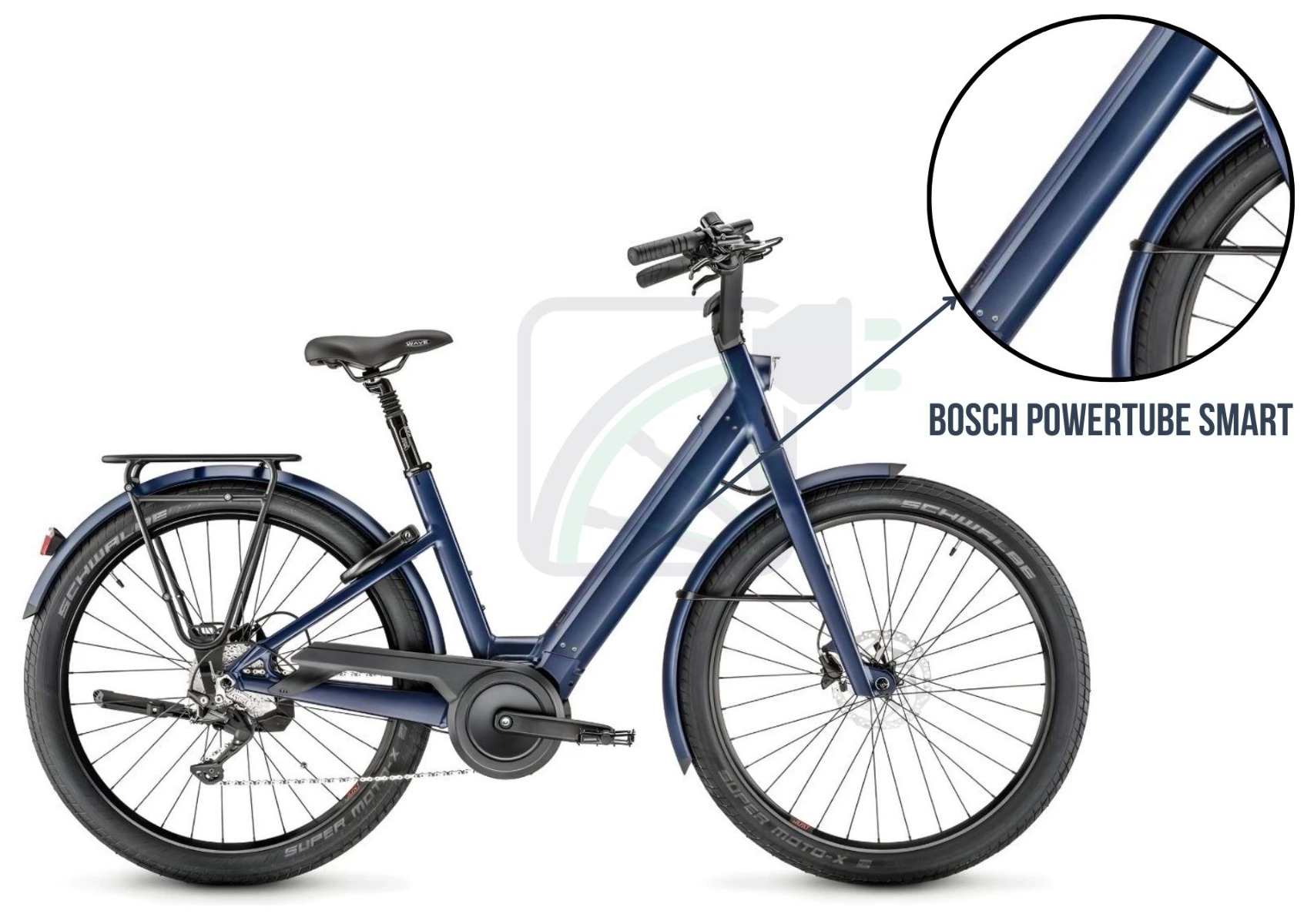 Foto van een elektrische fiets, met de nadruk op de accu van de fiets. De accu die hier wordt getoond is de Bosch PowerTube. Daarnaast worden ook de verschillende accu's genoemd die beschikbaar zijn voor deze fiets. Dit zijn de: Bosch PowerTube 400, 500, 625 en 750. Deze accu's zijn voor de SMART en niet-SMART varianten.