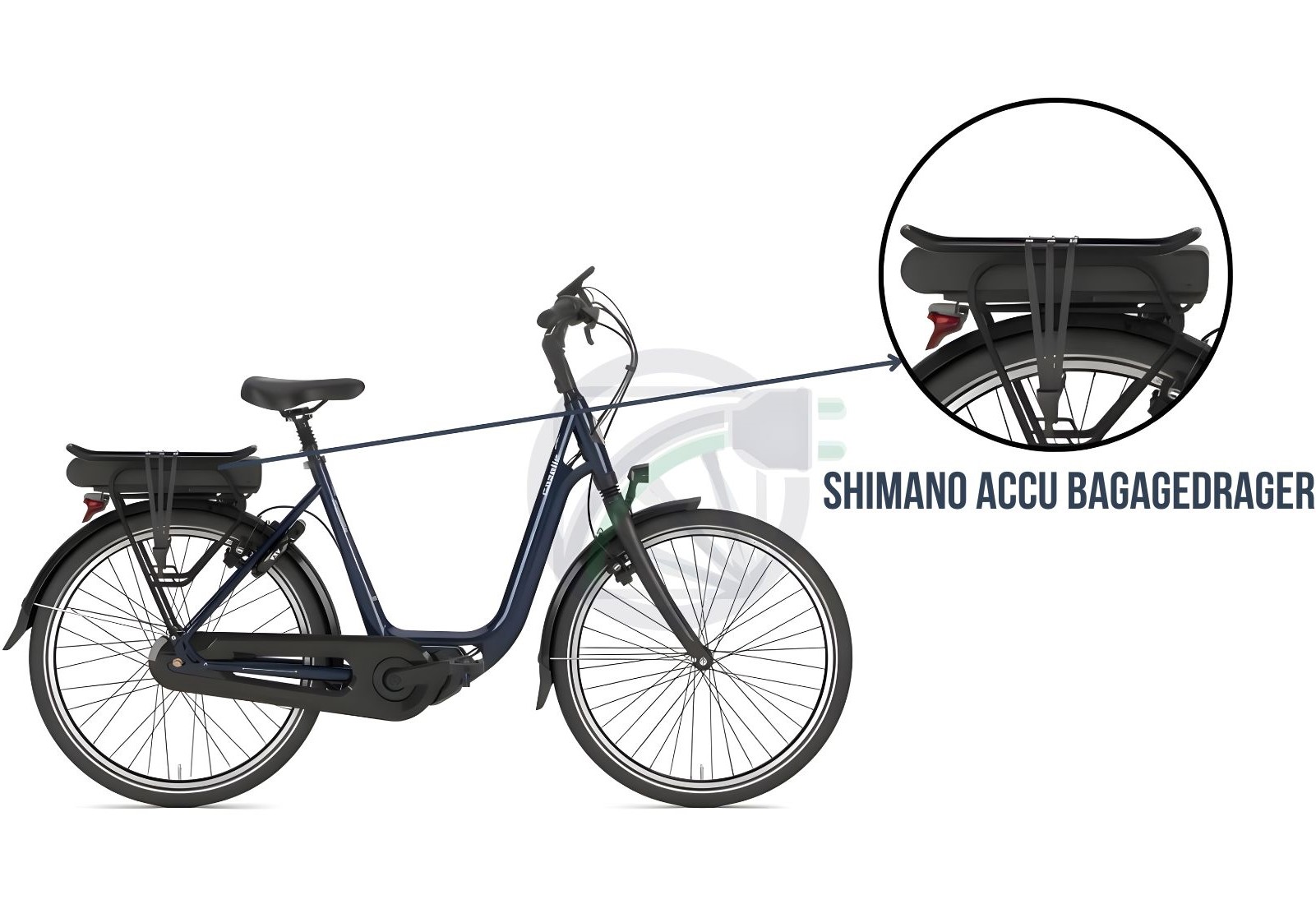 Fiets waarbij wordt uitgelicht, waar op de fiets, de accu bevestigd hoort te worden. Daarnaast wordt er beschreven welke Shimano accu er in dit soort fietsen past.