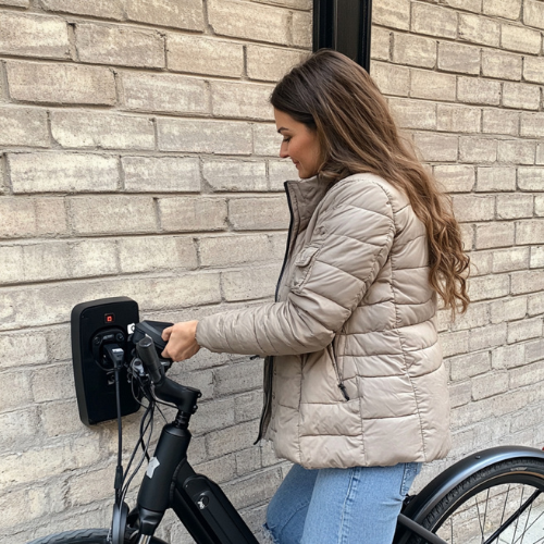 Vrouw is elektrische fiets aan het opladen