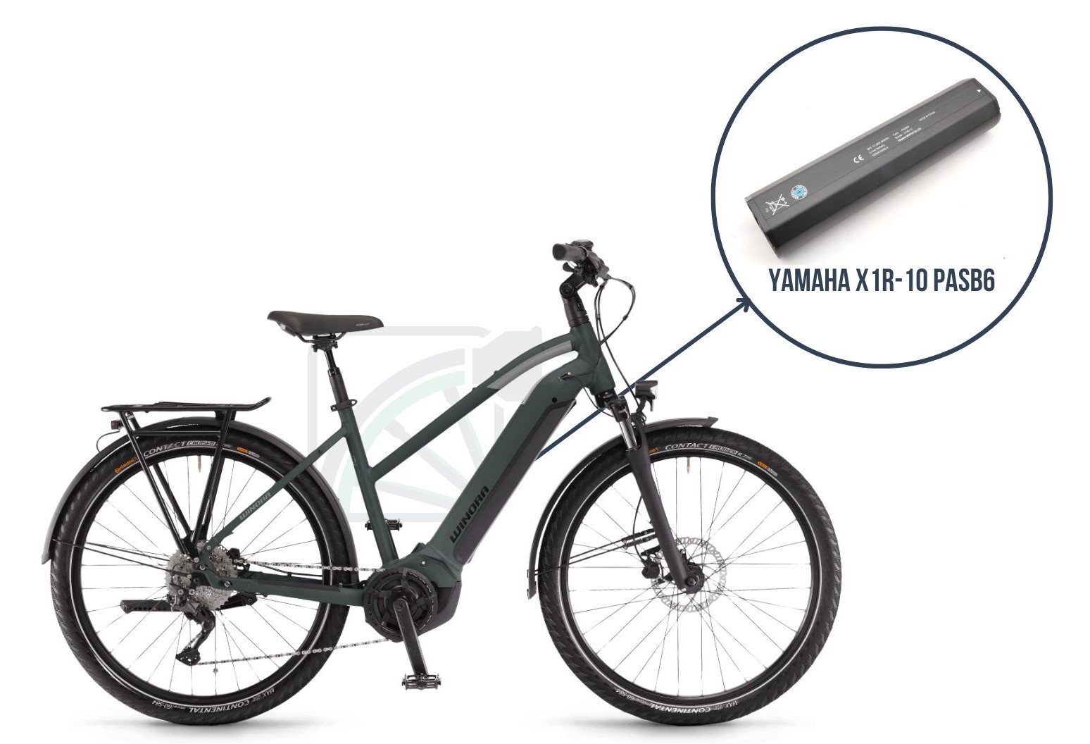 De Winor Yucatan iN7f met daarbij uitgelicht welke accu deze fiets gebruikt. Dit is namelijk de Yamaha X1R-10 PASB6