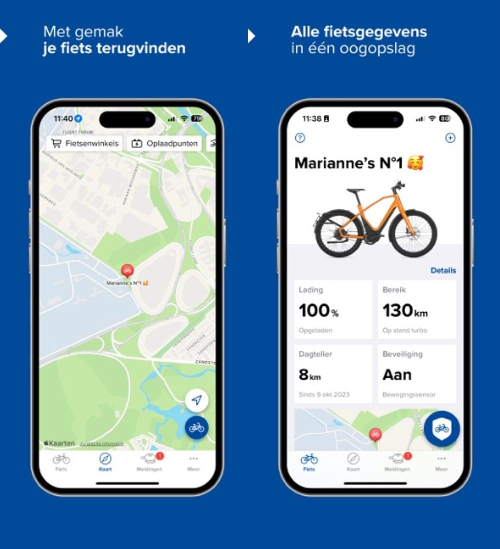 Op deze afbeelding zie je een telefoon met daarop de Gazelle Connect App geopend. op de achtergrond zie je een vervaagde elektrische fiets.