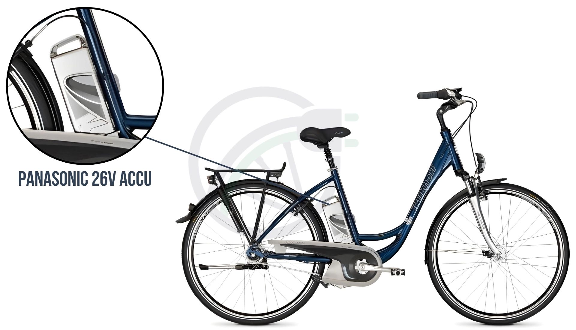 Een Flyer elektrische fiets met daarbij uitgelicht welke accu er verwerkt zit in deze fiets. In dit geval is dit de Panasonic 26V accu. 